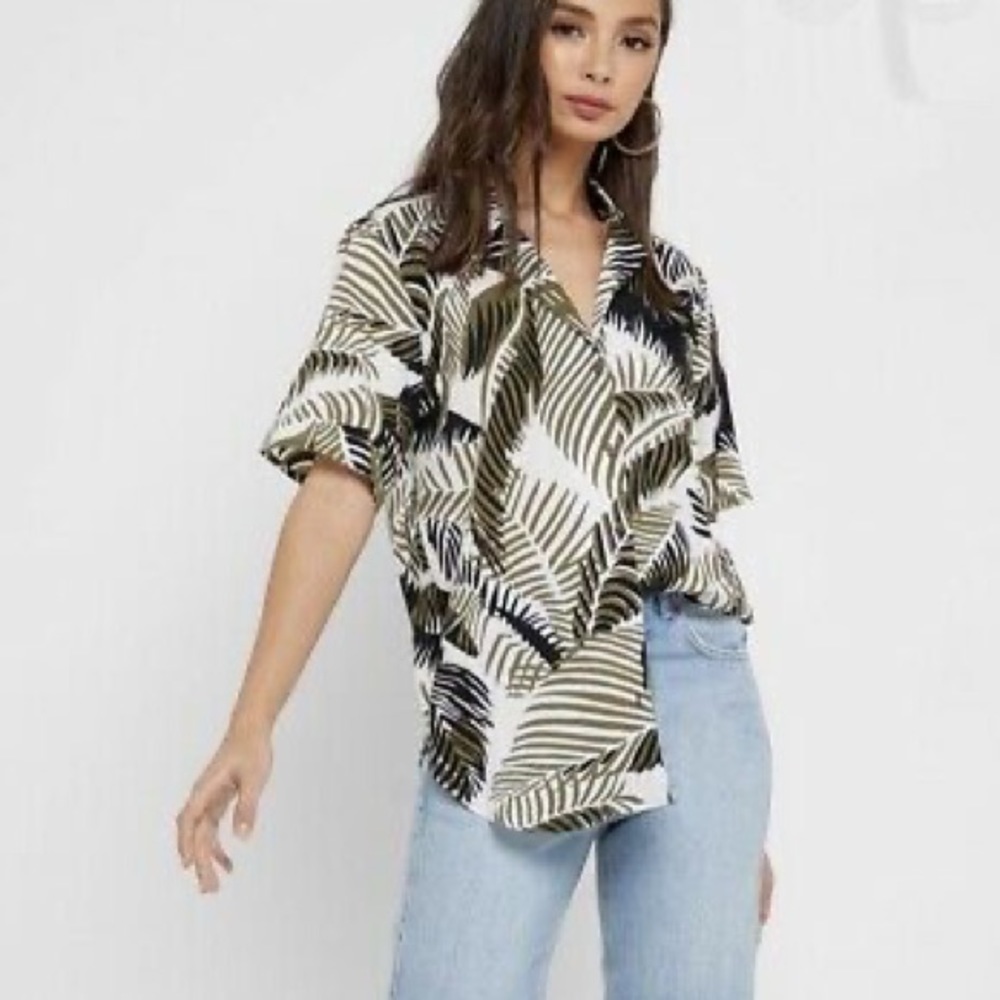 Topshop‎ Women's Graphic Palm Print Bowler Shirt Size US 4